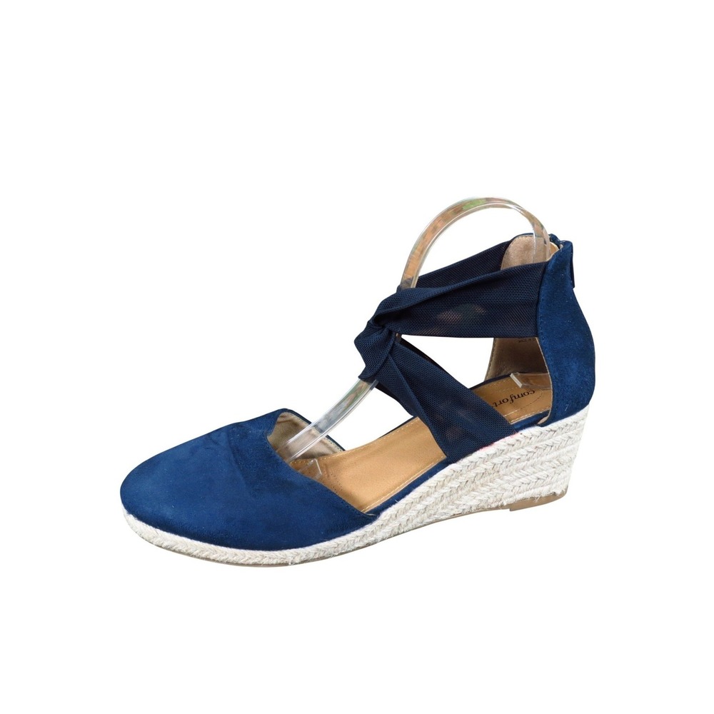 Comfortview Sabine Women Wedge Espadrille Size 11 Wide Dressy Navy Blue Fabric